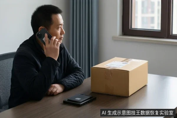 亚洲成年男子坐桌前手持手机贴耳通话,桌面放一块黑色硬盘和一个贴有快递单的纸箱包裹,背景为窗户与窗帘。