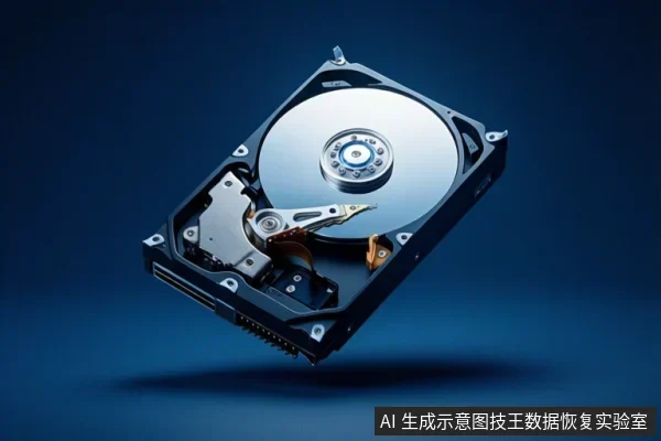 蓝色背景中悬浮展示一块打开外壳的机械硬盘,可见圆形盘片、中心主轴、磁头臂组件及底部接口。