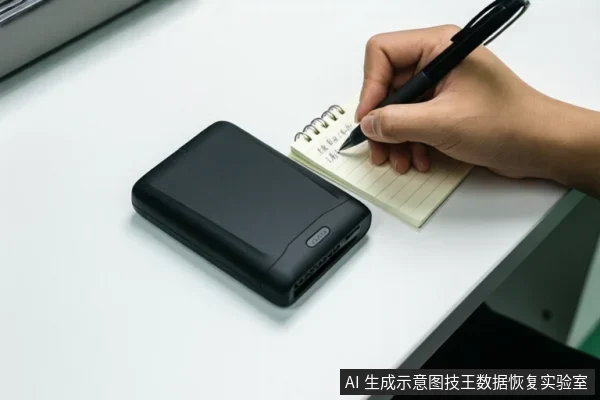 白色桌面上放置一个黑色移动硬盘,旁边一只手正用黑色笔在螺旋笔记本上书写。