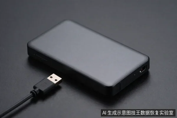 黑色长方形外置硬盘盒平放在深色桌面上,旁边有一根带USB插头的黑色数据线。