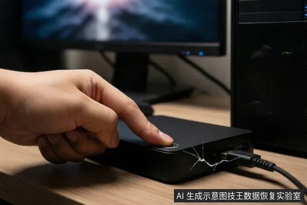 一只手正在按压一个黑色外置硬盘盒，硬盘盒表面有明显的裂纹，旁边连接着数据线，背景是电脑显示器和主机。