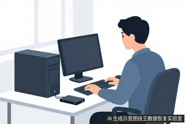 一名男子坐在桌前使用台式电脑,桌上放有主机、显示器、键盘和一块连接着数据线的黑色外置硬盘。