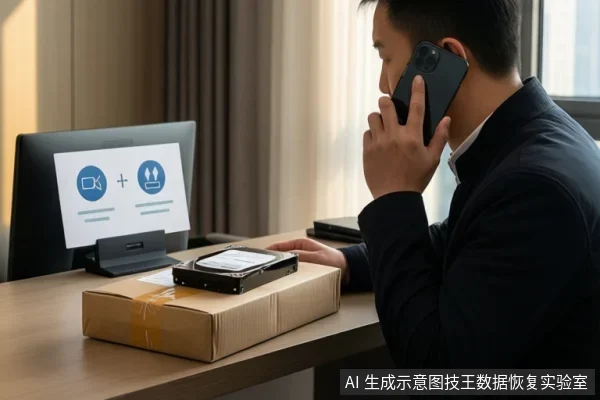 亚洲成年男性坐在办公桌前打电话,右手放在牛皮纸快递盒上的机械硬盘上,旁边显示器显示硬盘与快递盒图标。