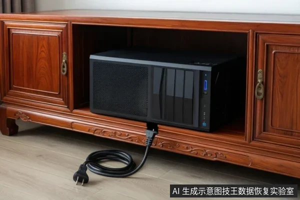 木质储物柜开放格内放置一台黑色塔式台式主机,前面板蓝色接口与指示灯可见,主机后方电源线引出,三脚插头未插入插座,盘绕在柜前地板上。
