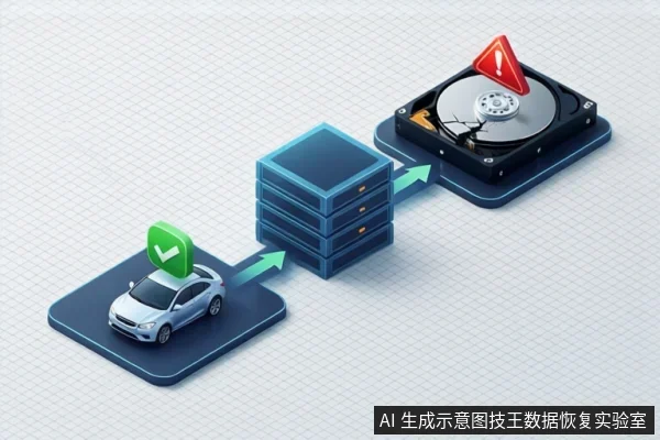 一辆带绿色对勾的汽车图标通过箭头指向服务器堆栈,服务器再通过箭头指向一个带红色警告标志的机械硬盘。