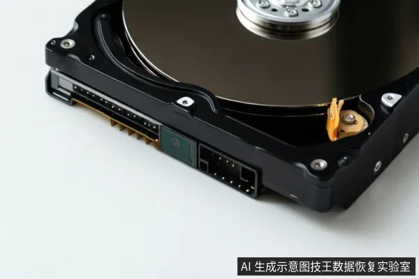 白色背景上展示一个打开外壳的机械硬盘,可见金属盘片、中心主轴、橙色磁头组件,以及侧面的数据接口、供电接口和小型电路板。