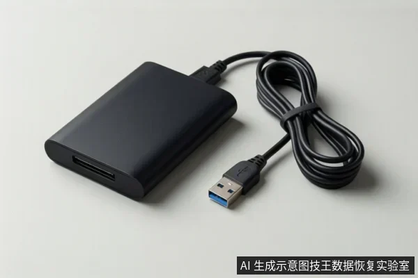 白色背景上放置一个黑色USB外接硬盘盒,前端有硬盘插槽,连接一根盘绕的黑色USB数据线,线头为蓝色USB-A接口。