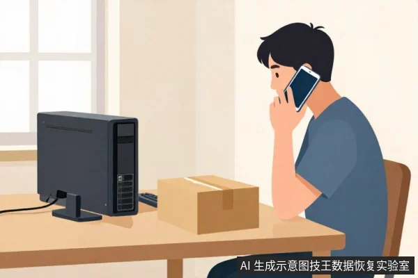 一名男子坐在桌前,右手拿手机贴在耳边通话,桌上放着一台黑色台式电脑主机、键盘和一个封好的纸箱。