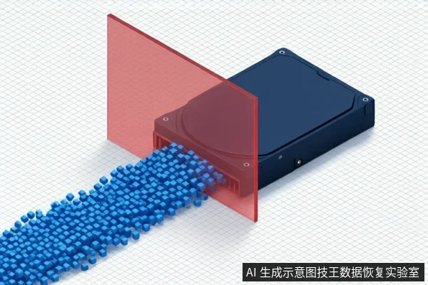 白色网格背景上,一个深蓝色硬盘盒连接着蓝色数据流,穿过一块红色半透明屏障,示意数据被拦截或只读保护。