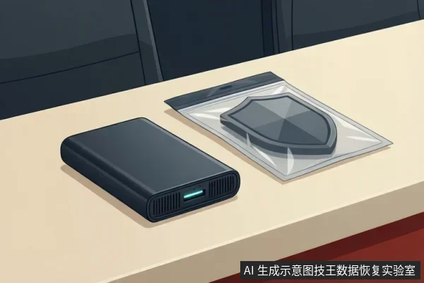 桌面上放着一个黑色移动硬盘,旁边是一个装有盾牌图标的防静电袋。