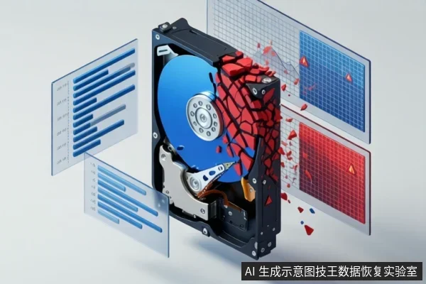 机械硬盘盘片右侧碎裂成红色碎片,周围悬浮着带蓝色条形和红色警告图标的透明数据面板。