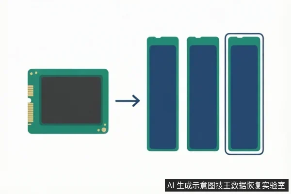 绿色闪存芯片示意图经箭头指向右侧三个竖直存储区块,最右侧区块被白色边框高亮,示意某区块被标记。