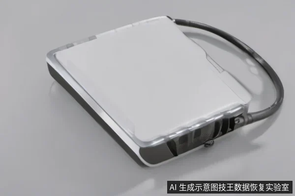 一个带有连接线的白色方形外置存储设备放置在灰色背景上。