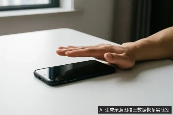 白色桌面上放着一部黑色智能手机,一只手悬停在手机上方,手掌向下,做出停止或禁止触碰的动作。