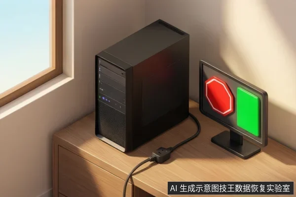 木柜上放一台黑色台式电脑主机,前面板指示灯亮起,旁边显示器屏幕显示红色八边形停止标志和绿色方块,一根线缆连接在桌面。