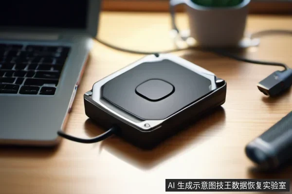 桌面上一台笔记本电脑旁放置一个八边形外置硬盘盒,盒体连出一根线缆,右侧有一个悬空的USB插头,背景可见杯子。