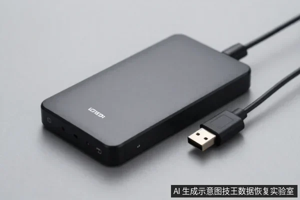 黑色长方形外置存储设备平放在灰色桌面上,侧面有多个接口,旁边放着一根USB数据线。