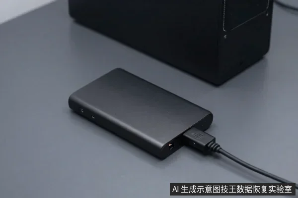 灰色桌面上放置一个黑色移动硬盘,侧面接口插着USB数据线,背景有黑色方形设备。