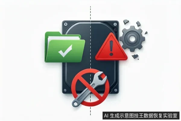 画面中央为一块黑色硬盘,左侧有绿色文件夹和对勾,右侧有红色警告三角和碎裂齿轮,下方有红色禁止符号覆盖扳手。