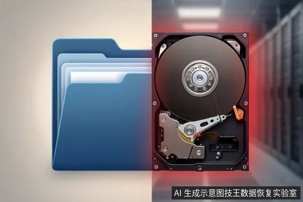 画面左侧为蓝色文件夹图标,右侧为打开的机械硬盘内部结构,背景为模糊的服务器机房。