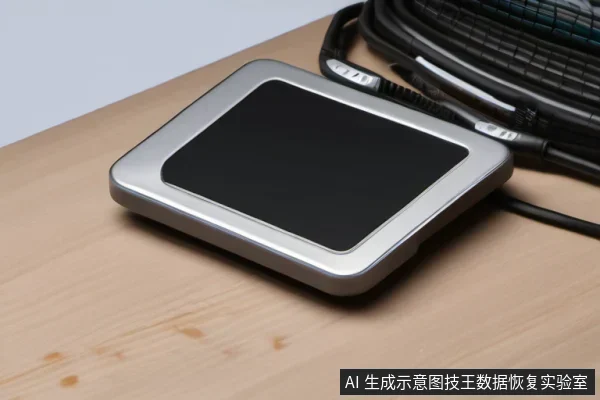 木纹桌面上放置一台银色边框、黑色面板的方形外置固态硬盘，旁边盘绕着一捆黑色数据线。