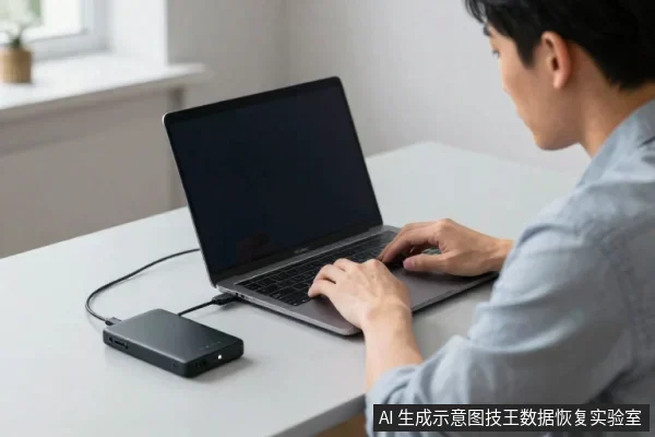 一名亚洲男子坐在桌前，将黑色移动硬盘通过数据线连接至笔记本电脑并操作键盘。