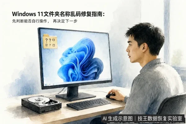 文章内容场景示意图:Windows 11文件夹名称乱码修复指南:先判断能否自行操作,再决定下一步