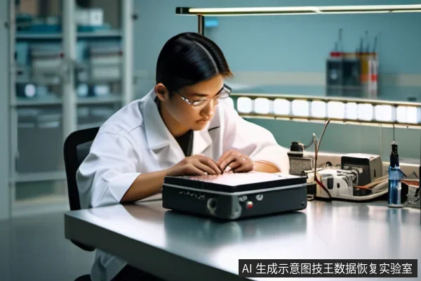 实验室中穿白大褂的人员双手按在一台黑色移动硬盘状设备上，旁边摆放着检测仪器与连接线