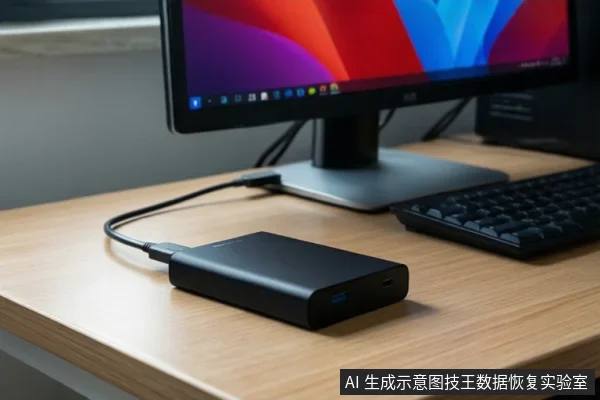木质桌面上放置一台显示器、键盘和一个黑色移动硬盘，硬盘通过线缆连接，屏幕显示彩色桌面背景。