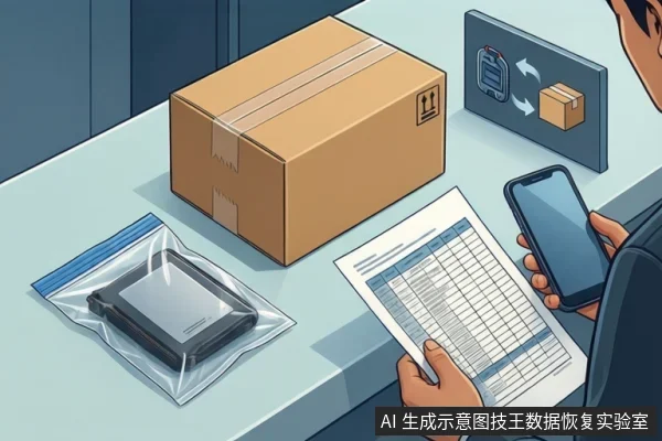 桌面上放着纸箱、装在自封袋里的硬盘和表格,一人手持手机和表格,墙上挂着硬盘寄修循环指示牌。
