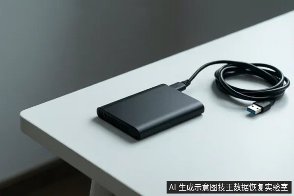 白色桌面上放置一个黑色矩形外置存储设备,连接一根盘绕的黑色USB数据线,接口端可见蓝色USB插头。