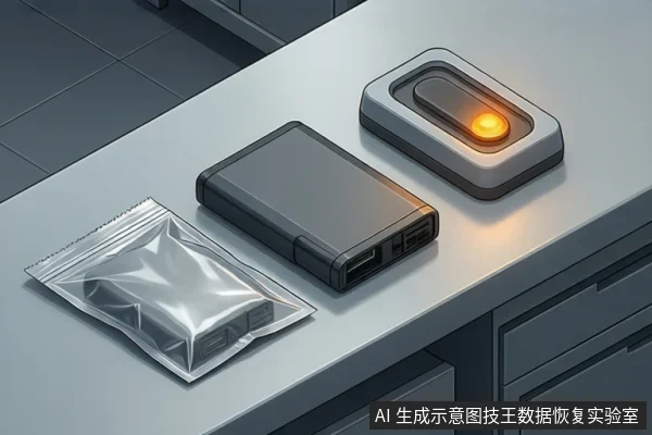 桌面上放置着一个黑色移动硬盘、一个亮着橙色指示灯的USB集线器以及一个防静电袋。