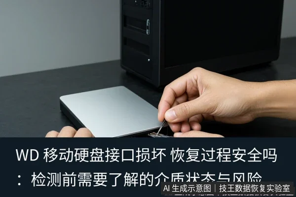 文章内容场景示意图：WD 移动硬盘接口损坏 恢复过程安全吗：检测前需要了解的介质状态与风险