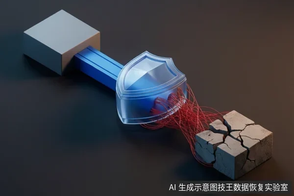 画面左侧为一个完整的立方体,中间连接一个蓝色长条和一个透明盾牌,右侧连接一个布满裂纹的立方体,两者之间有红色线条相连。