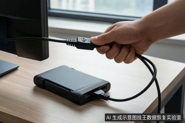 一只手握着连接移动硬盘的线缆,硬盘放置在木质桌面上,旁边有显示器。