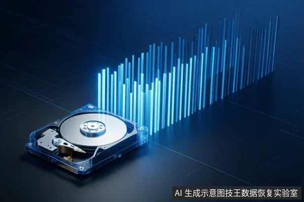 一个透明外壳的机械硬盘平放在深色网格背景上,盘片与磁头臂清晰可见,右侧延伸出一排高低不等的蓝色发光竖条,示意数据读取或传输状态。