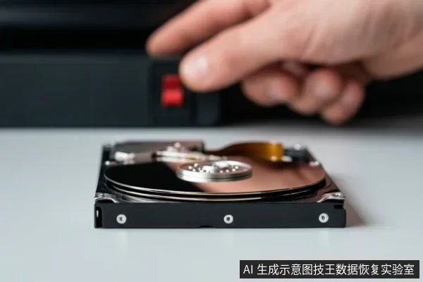一只手正按压黑色设备上的红色按钮,前景放置一块打开外壳的机械硬盘,可见盘片与磁头组件。