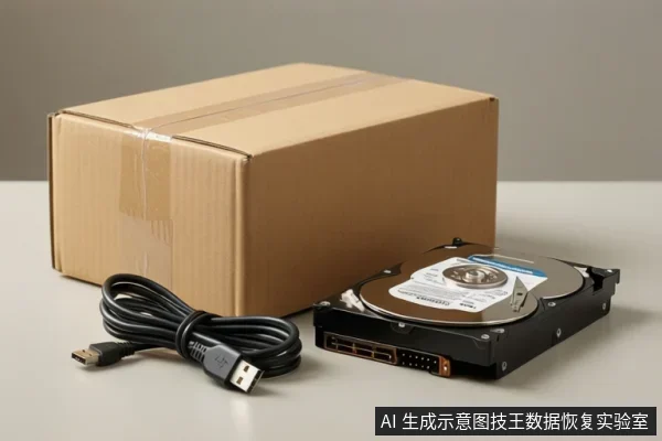 桌面上放着一个封好的快递纸箱，旁边有一根盘绕的USB数据线和一块闭合的3.5寸机械硬盘，硬盘SATA接口朝向镜头。