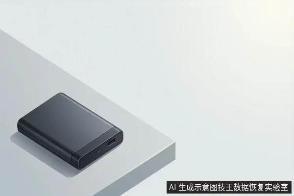 一个黑色移动硬盘平放在白色台面上，侧面可见一个USB接口，背景为简洁的浅色空间。