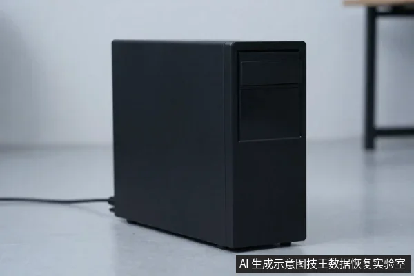 一台黑色台式电脑主机箱放置在浅灰色地面上,左侧连着一根黑色线缆,背景为简洁的室内环境。
