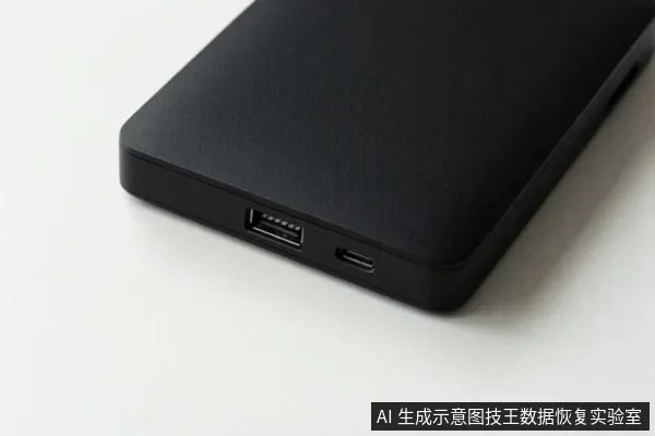 黑色移动硬盘侧边特写,可见一个USB-A接口和一个USB-C接口,背景为白色。