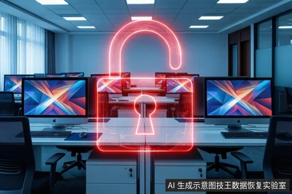 办公室内多排电脑显示器前,悬浮着一个巨大的红色霓虹开锁挂锁图标,象征数据防护被突破。