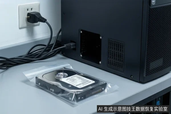 桌面上放着一块装在透明防静电袋中的机械硬盘,旁边是黑色台式电脑主机,主机后部插着一根线缆,电源插头插在墙上插座。