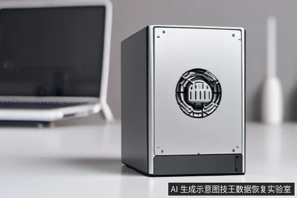 桌面上立着一块机械硬盘，背面朝向镜头，可见中央主轴电机与盘片边缘结构，背景虚化处有一台笔记本电脑。