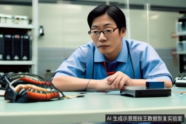 实验室桌前一名戴眼镜的技术人员双手交叠，注视着桌上的外置硬盘与带排线的拆解部件，呈观察判断状态。