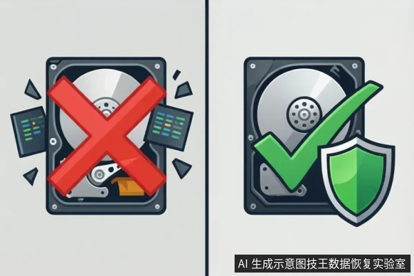 左右分屏插画:左侧打开外壳的机械硬盘上有红色叉号,周围有碎裂的芯片和碎片;右侧机械硬盘上有绿色对勾和绿色盾牌。