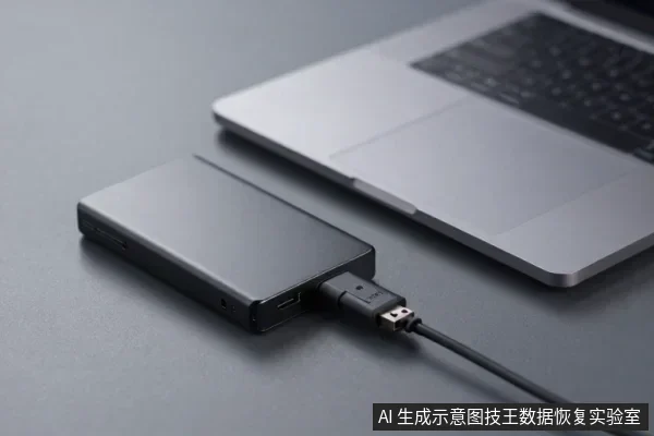 黑色移动硬盘平放在桌面,USB数据线插入其侧面接口,旁边是一台银色笔记本电脑。