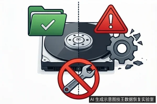 一张硬盘示意图,周围有绿色对勾文件夹、红色警告标志、破碎的齿轮以及禁止维修的扳手图标。