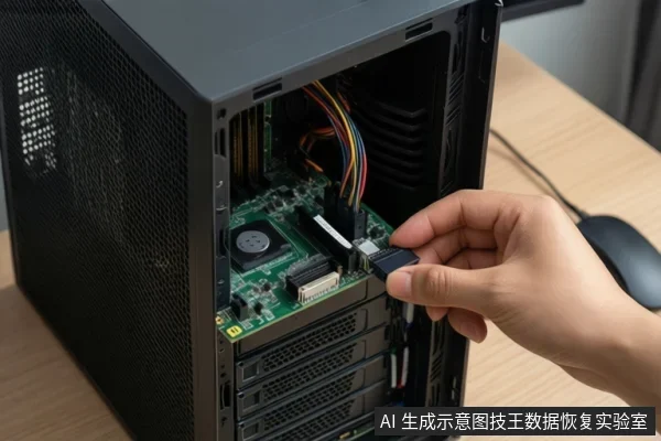 一只手正在将SATA数据线插头插入台式电脑主机内部的硬盘接口,机箱侧板已打开,可见主板和硬盘位。