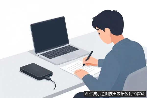 一名亚洲男性坐在桌前，用笔在纸上书写记录，桌上放着一台打开的笔记本电脑和一个连有数据线的黑色外置硬盘盒。